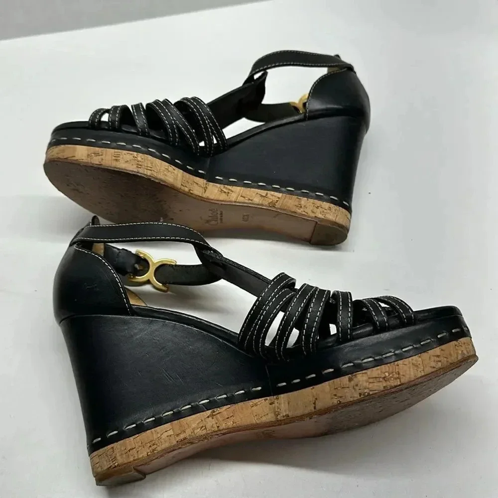 Chloe Marcie Wedges Leather T-Strap Platform High Heel Sandals Black Size 40.5